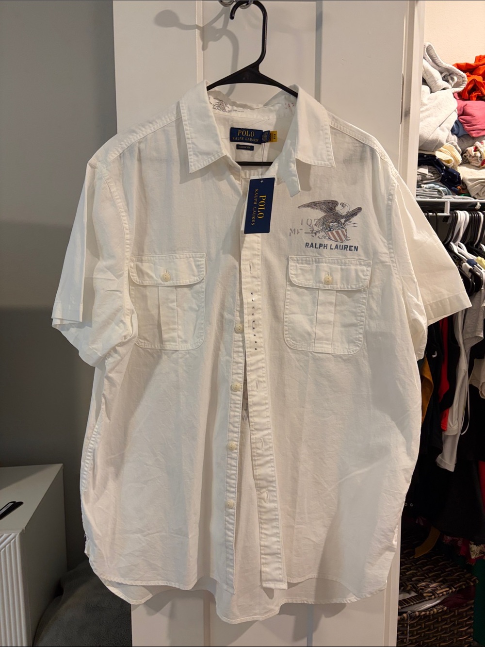 Ralph Lauren White Short-Sleeve Button Down Shirt with Pocket Detail